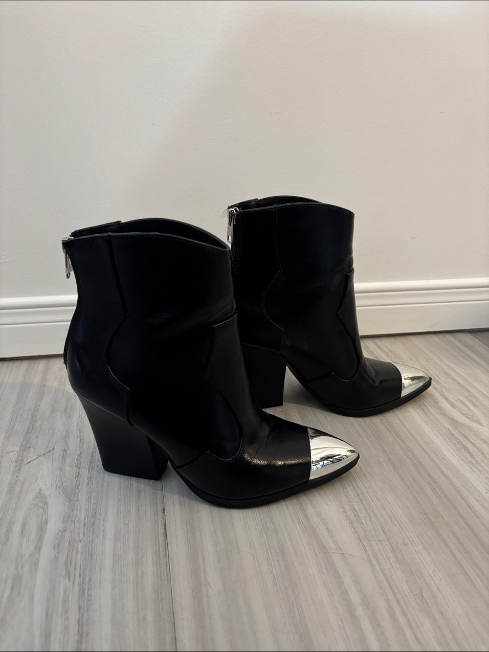 Black Ankle Cowboy Booties with Silver Cap Toe